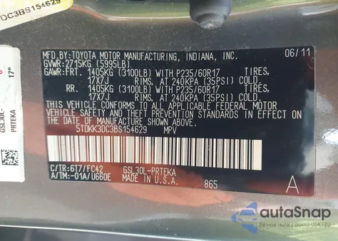 2011 Toyota Sienna Le V6 from USA, damaged, VIN 5TDKK3DC3BS154629